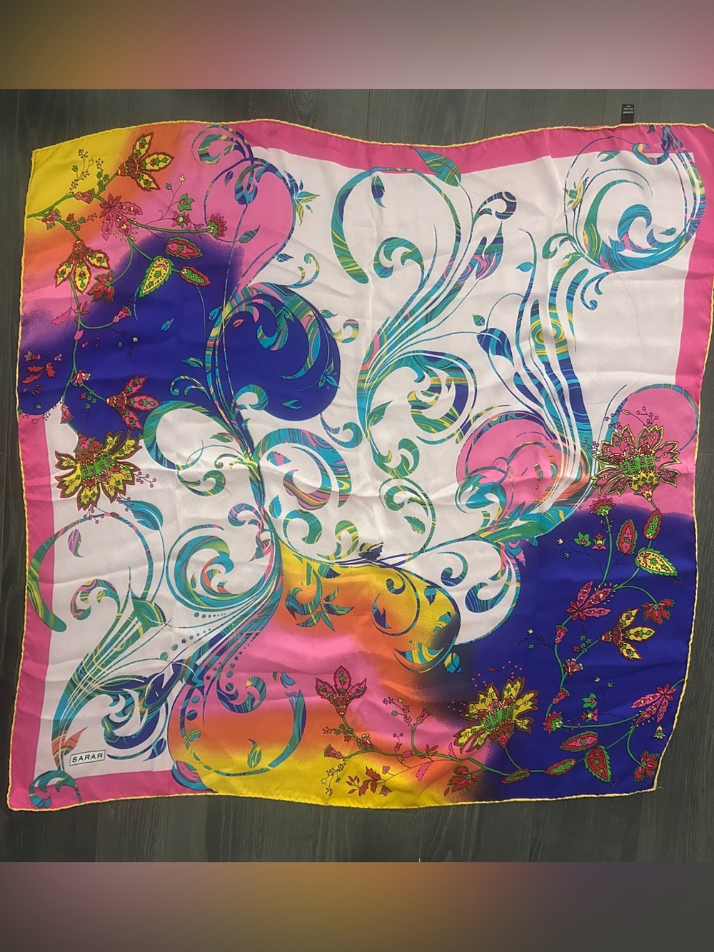 Vintage Sarar 100% Silk Scarf Bright Floral Paisley Pink Blue Yellow Square